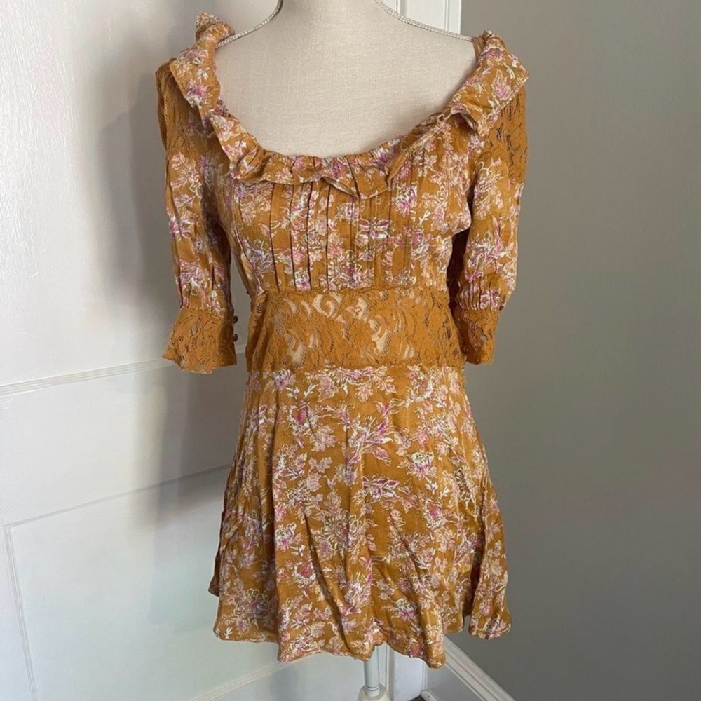 Free People Mustard Floral Lace-Trim Mini Dress